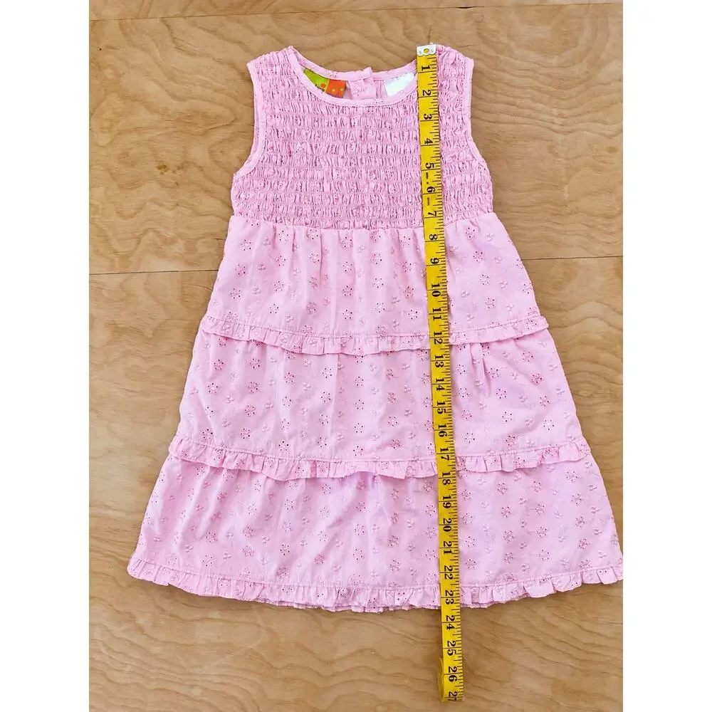 Penelope Mack Girls Size 5 Pink Eyelet Smocked Tiered Ruffle Dress Embroidered
